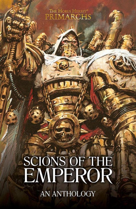 Boekomslag 'Scions of the Emperor' met een pantser van goudkleurige platen en schedel-ornamenten.