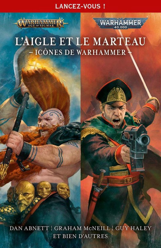 Boekomslag met een Warhammer Slayer en een officier, titel L'Aigle et le Marteau - Icônes de Warhammer.