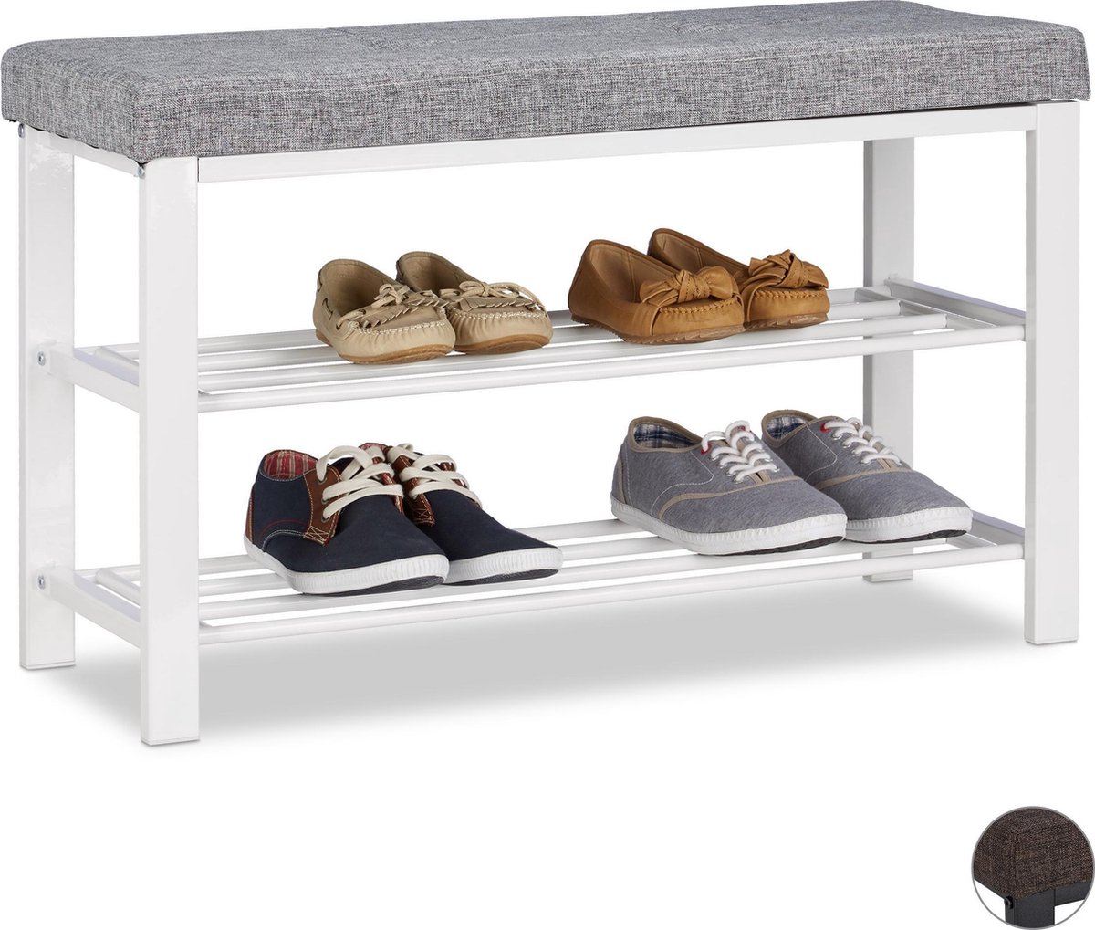 SoBuy Schoenenbank met Zitkussen en Opbergruimte, Schoenenrek met Zitbank, Schoenenkast van hout, Wit, 86x43x20cm, FSR37-W