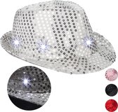 Relaxdays pailetten hoed - feesthoed glitter - partyhoed LED - fedora hoed - glitters - zilver