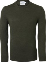 Calvin Klein slim fit trui wol - heren pullover O-hals - donker olijfgroen -  Maat: L