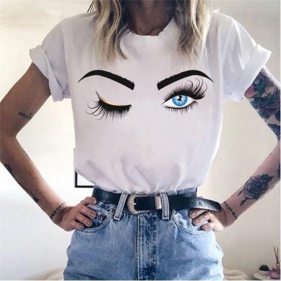 T-shirt wit met ogen - dames - vrouw - kleding - mode - shirt - korte mouw  | bol.com