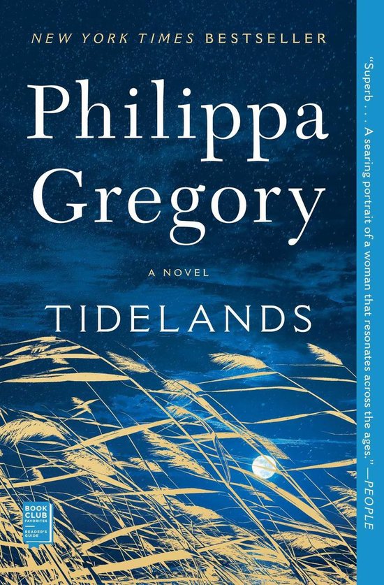 Boekomslag van "Tidelands" van Philippa Gregory. Een nachtelijk tafereel met riet en een volle maan op een donkerblauwe lucht.