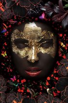 Glasschilderij fotokunst - Vrouw Gezicht - Gouden Masker - foto print op glas - 120x80 cm - woonkamer