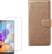 hoesje Geschikt voor: Samsung Galaxy A21S Portemonnee Goud met 2 stuks Glas Screen protector