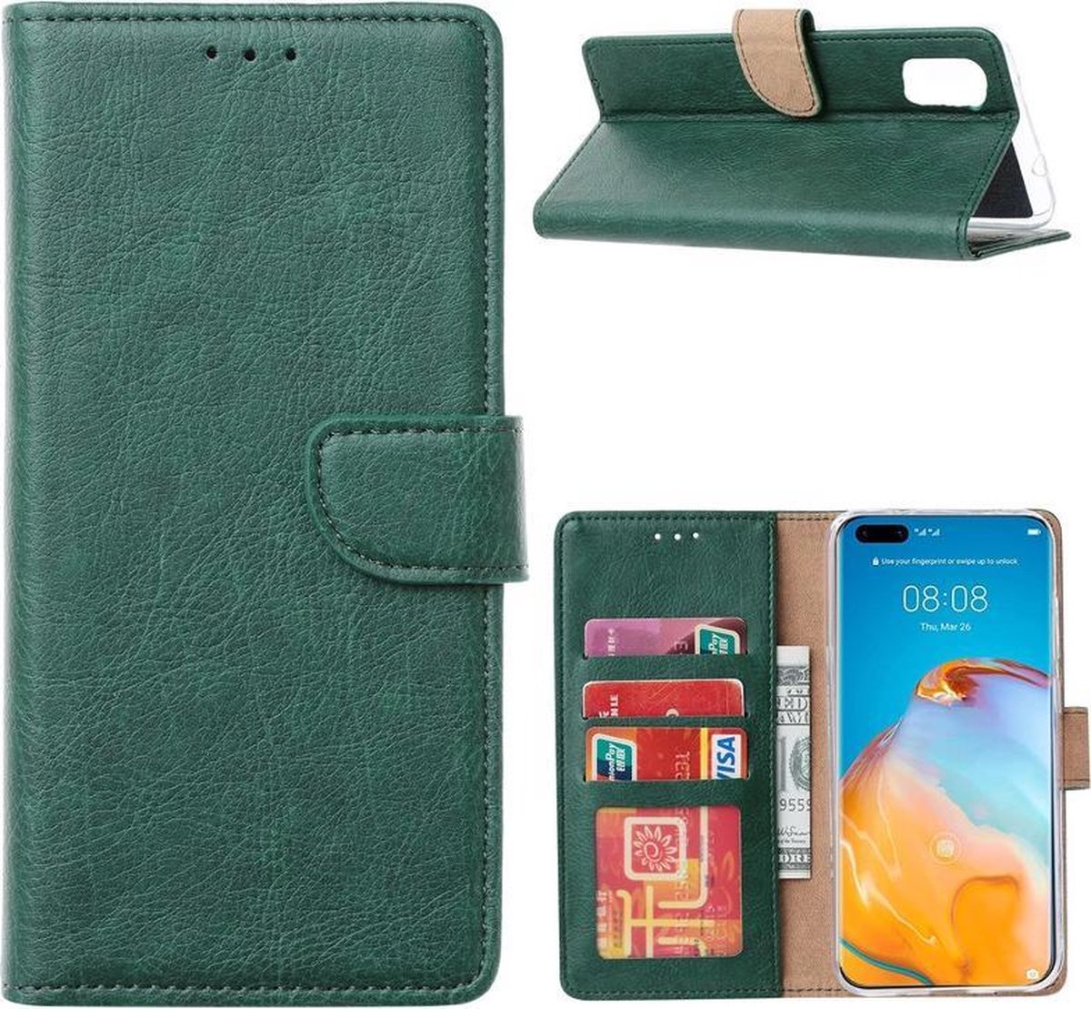 Bookcase Geschikt voor: Huawei P40 - Bookcase Groen - portemonnee hoesje