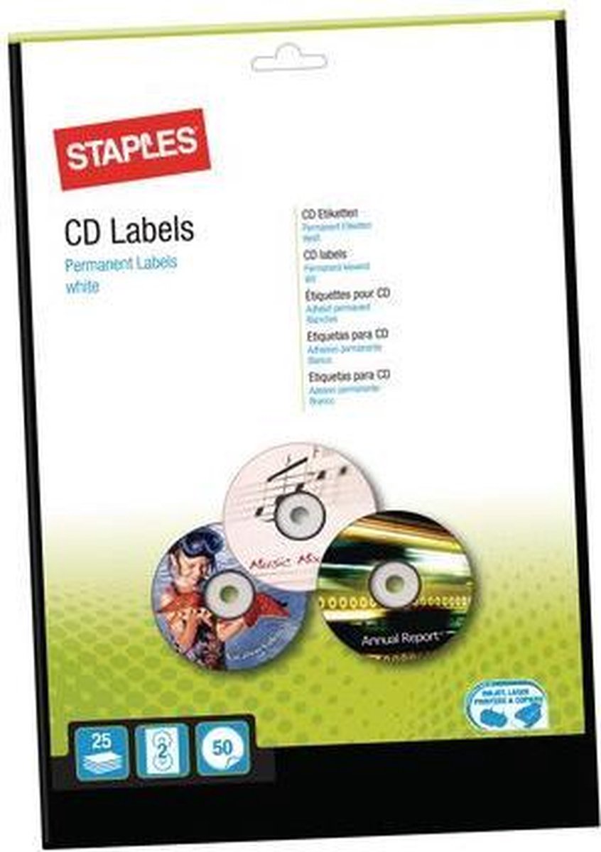 Staples CD/ DVD etiketten 117 mm, wit (pak 50 stuks)