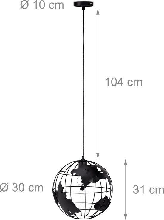 relaxdays hanglamp wereldbol - bolvormige plafondlamp - wereld - pendellamp  - metaal zwart | bol.com