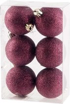 6x Aubergine roze kunststof/plastic kerstballen 6 cm - Glitters - Onbreekbare kerstballen - Kerstboomversiering aubergine roze
