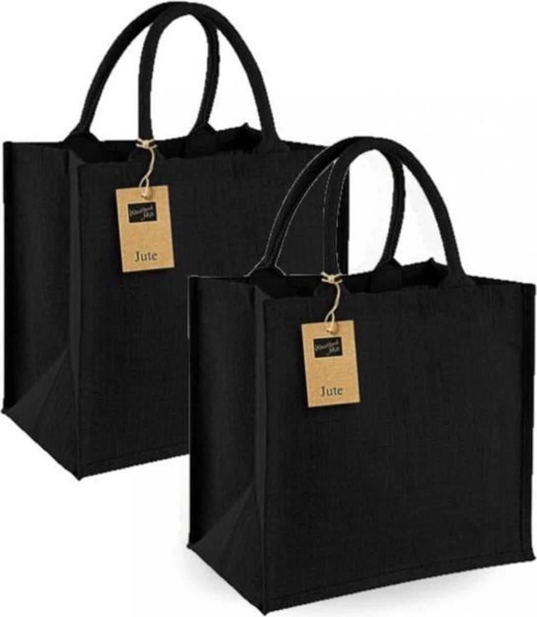 Set van 2x stuks jute boodschappentassen/shoppers 30 x 30 x 19 cm - Zwarte goodiebags 14 liter - Westford Mill