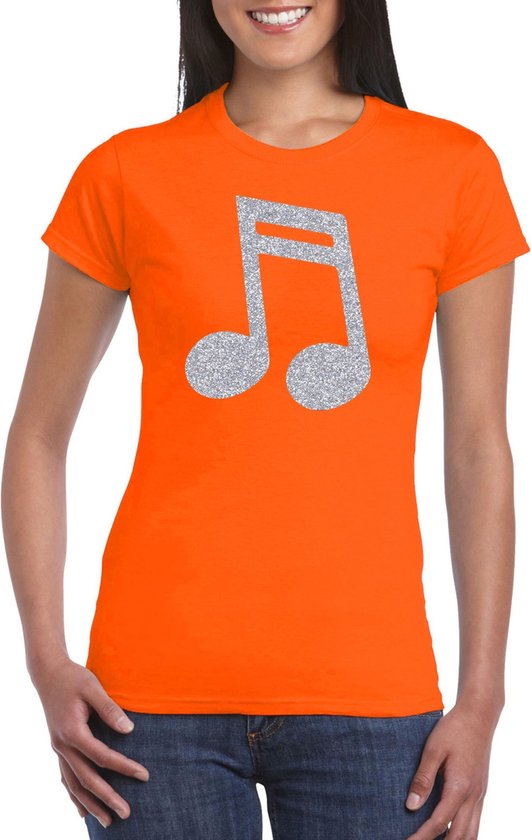 Zilveren muziek noot / muziek feest t-shirt / kleding - oranje - voor dames  - muziek... | bol