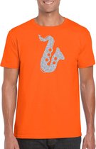 Zilveren saxofoon / muziek t-shirt / kleding - oranje - voor heren - muziek shirts / muziek liefhebber / saxofonisten / jazz / outfit 2XL