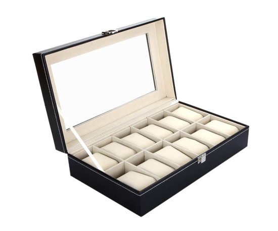 Boîte à montres de Luxe - Boîte de rangement - 12 compartiments - Boîte à bijoux - Coffre - Doublure en velours - Coussins amovibles - Boîte à montres - Cuir - Cuir - Zwart