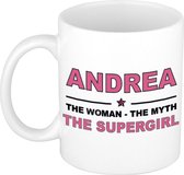 Naam cadeau Andrea - The woman, The myth the supergirl koffie mok / beker 300 ml - naam/namen mokken - Cadeau voor o.a verjaardag/ moederdag/ pensioen/ geslaagd/ bedankt