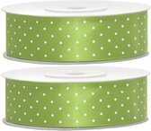 2x Hobby/decoratie appel groene satijnen sierlinten met stippen 2,5 cm/25 mm x 25 meter - Cadeaulinten satijnlinten/ribbons - Appel groene linten met stippen- Hobbymateriaal benodi