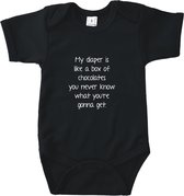 Rompertjes baby met tekst - My diaper is like a box of choclates. You never know what you're gonna get - Romper zwart - Maat 74/80