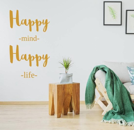 Muursticker Happy Mind Happy Life - Goud - 35 x 60 cm - taal - engelse teksten slaapkamer woonkamer bedrijven alle