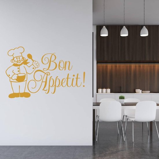 Muursticker Bon Appetit Met Kok - Goud - 100 x 65 cm - keuken alle