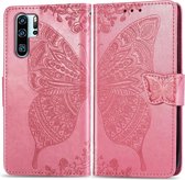 Butterfly Love Flowers Embossing Horizontale Flip Leather Case voor Huawei P30 Pro, met houder & kaartsleuven & portemonnee & lanyard (roze)