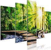 Schilderijen Op Canvas - Schilderij - Forest Footbridge (5 Parts) Wide 100x50 - Artgeist Schilderij