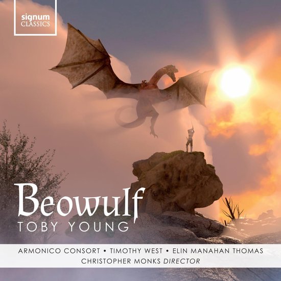 Een draak met vleugels vliegt in de lucht, een held staat op een rots en zwaait met een zwaard. 'Beowulf' staat groot op de voorkant.