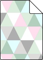 Proefstaal ESTAhome behangpapier driehoekjes roze, mintgroen en grijs - 128706 - 26,5 x 21 cm