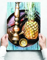 Wandbord: Ananas met waterpijp op houten achtergrond - 30 x 42 cm