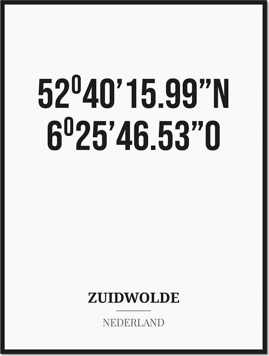 Studio216 Poster/kaart ZUIDWOLDE met coördinaten zwart, wit