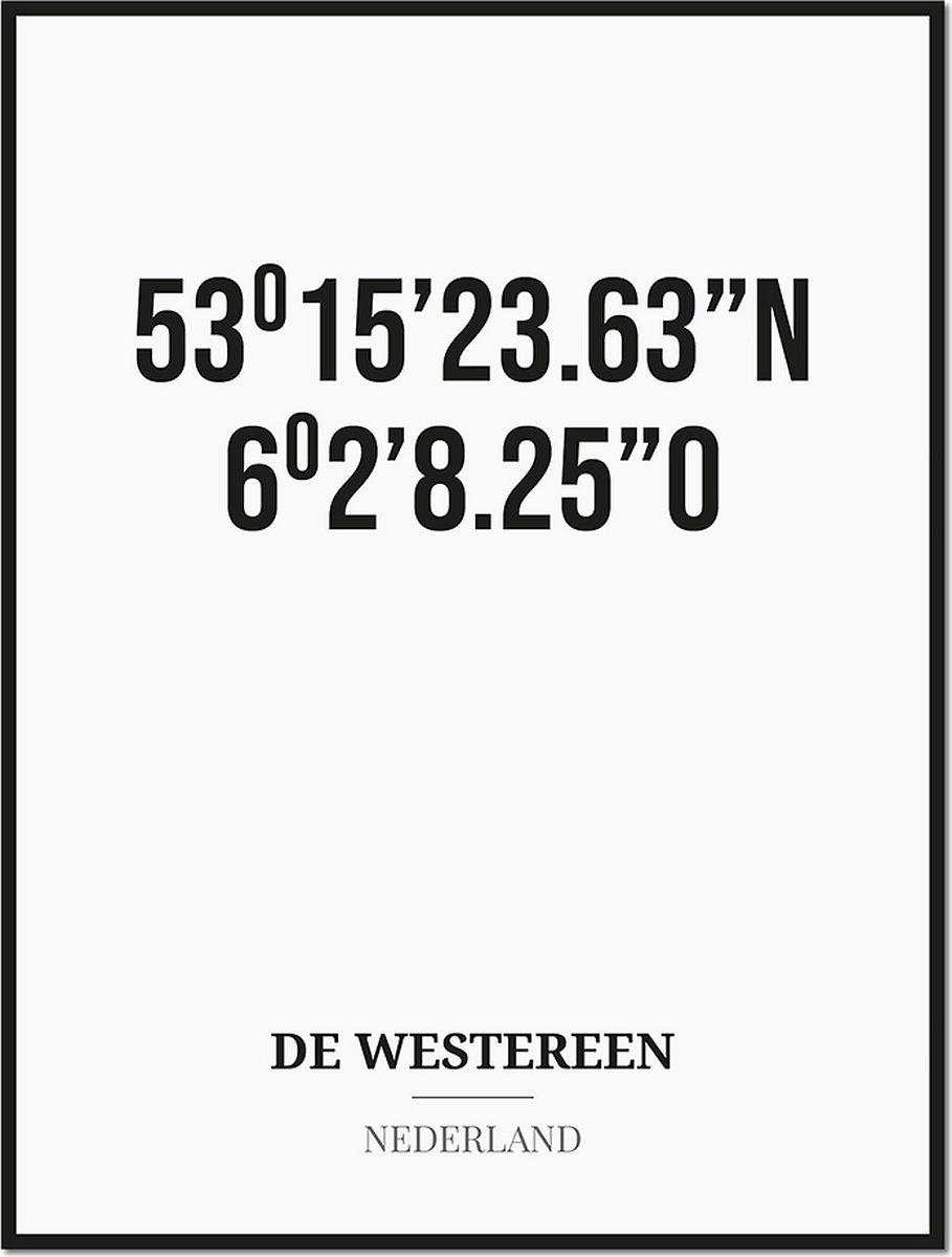 Studio216 Poster/kaart DE WESTEREEN met coördinaten zwart, wit