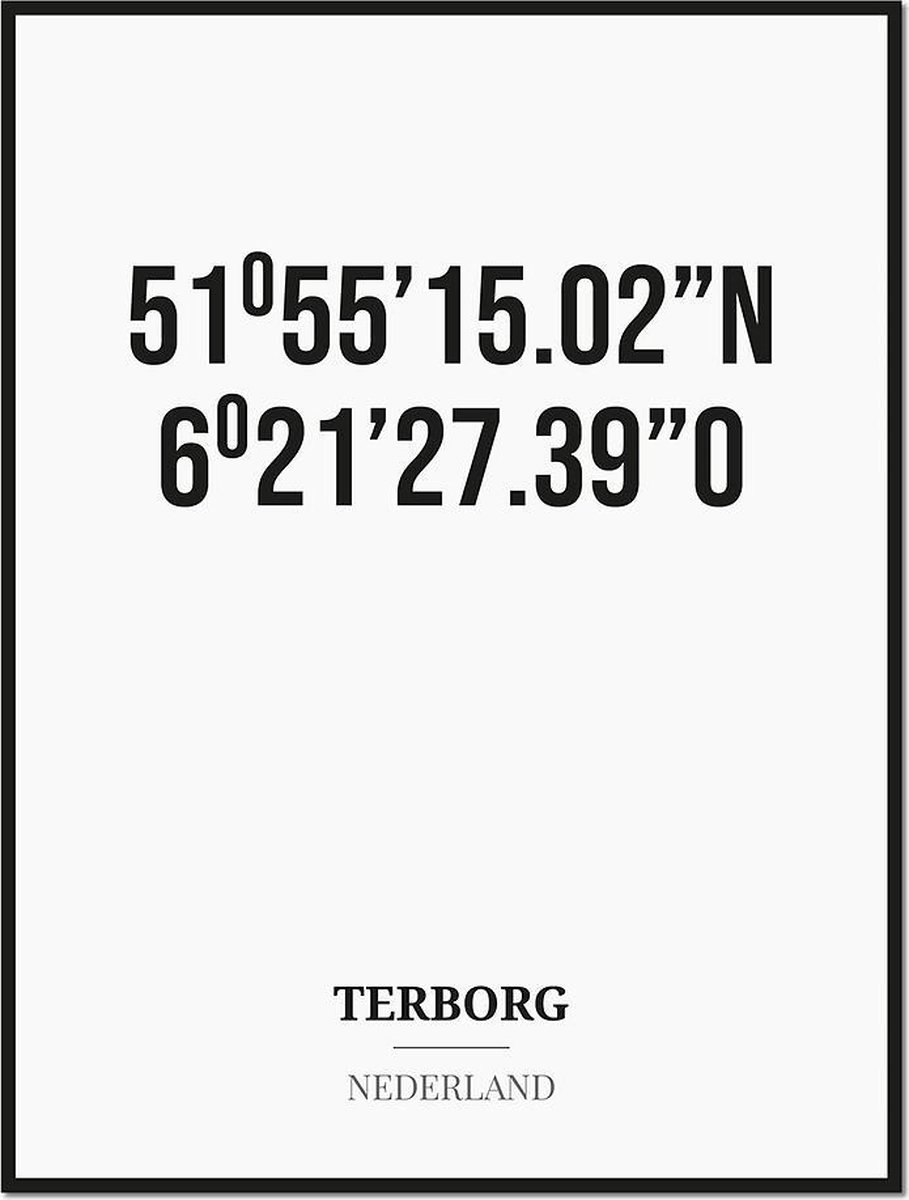 Studio216 Poster/kaart TERBORG met coördinaten zwart, wit