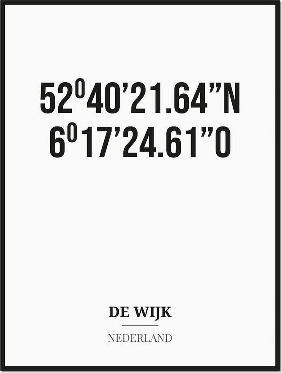 Studio216 Poster/kaart DE WIJK met coördinaten zwart, wit