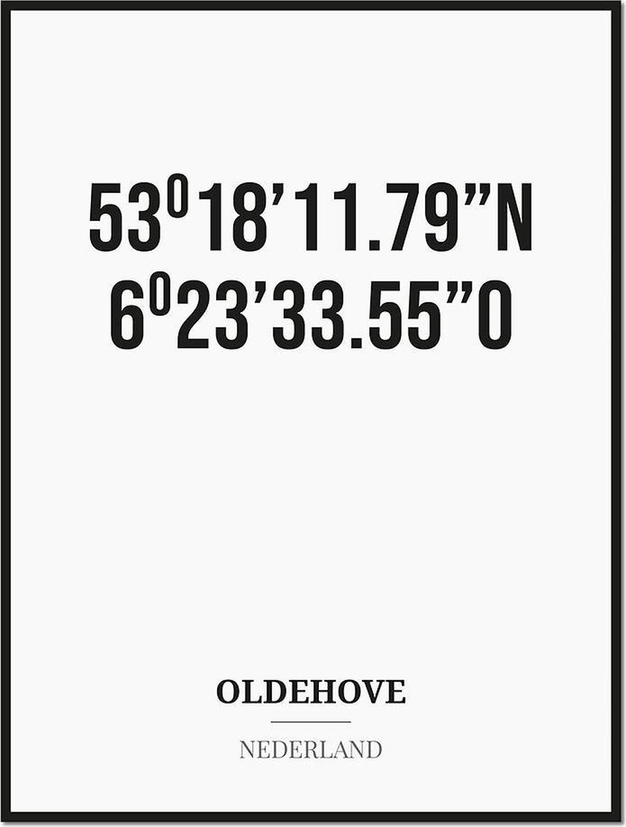 Studio216 Poster/kaart OLDEHOVE met coördinaten zwart, wit