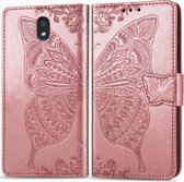 Voor LG K30 2019 Butterfly Love Flower reliÃ«f horizontale flip lederen tas met beugel lanyard kaartsleuf portemonnee (rose goud)