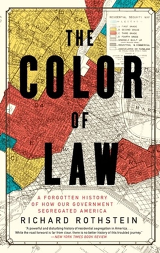 Livre "The Color of Law" avec une carte rouge, jaune et grise sur la couverture. Le titre "The Color of Law" est en grosses lettres noires.