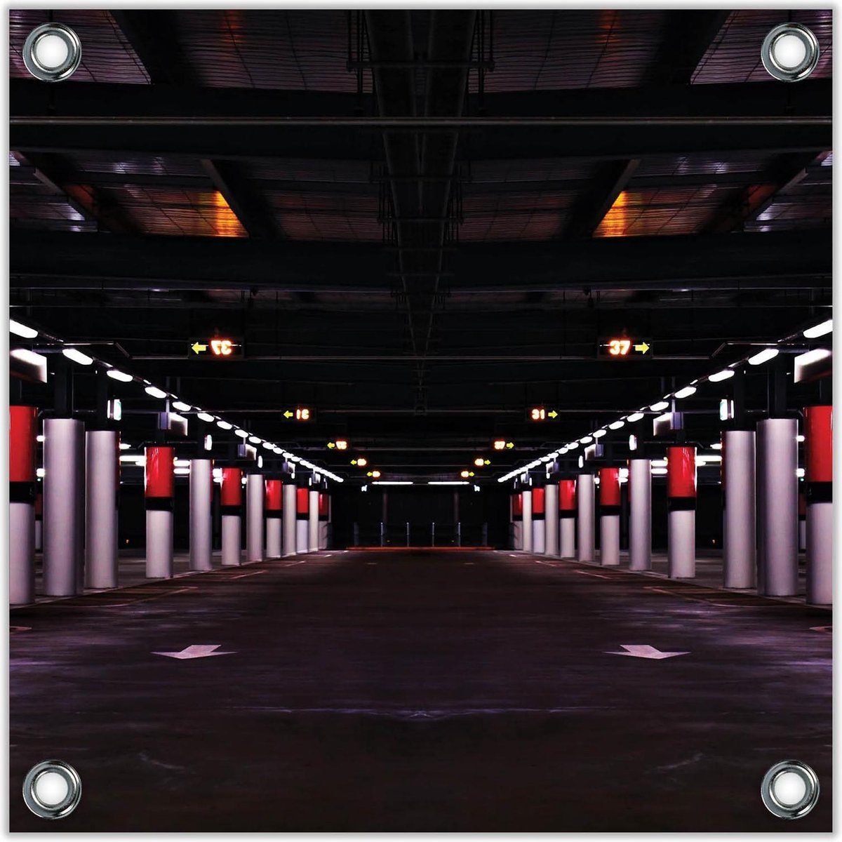 Tuinposter –Parkeergarage met rode Palen– 100x100 Foto op Tuinposter (wanddecoratie voor b
