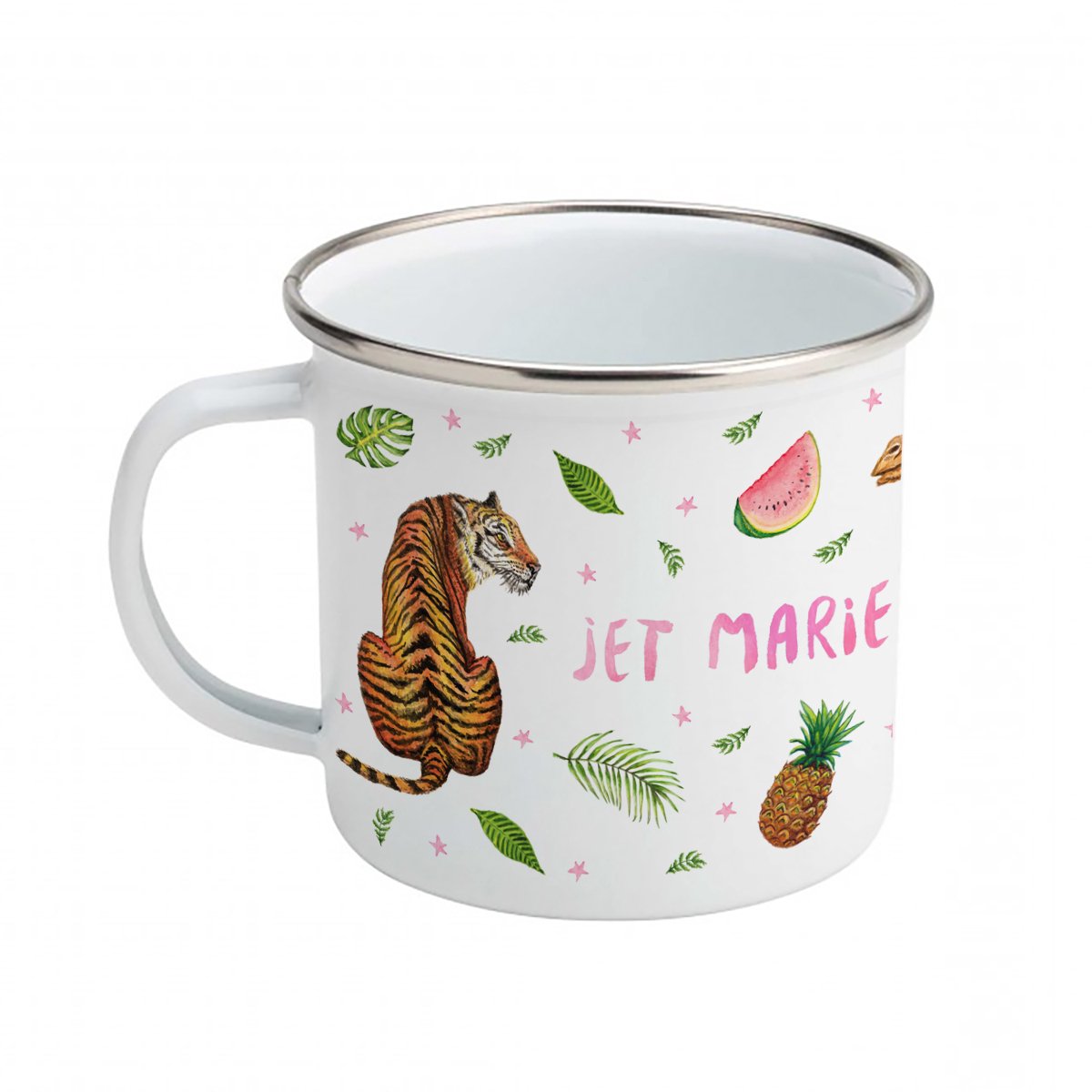 World of Mies emaille mok met naam - handgeschilderde kameel tijger olifant - gepersonaliseerd kraamcadeau