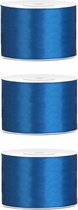 3x Hobby/decoratie blauw satijnen sierlinten 5 cm/50 mm x 25 meter - Cadeaulint satijnlint/ribbon - Blauwe linten - Hobbymateriaal benodigdheden - Verpakkingsmaterialen