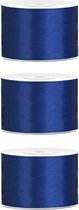 3x Hobby/decoratie donkerblauw satijnen sierlinten 5 cm/50 mm x 25 meter - Cadeaulint satijnlint/ribbon - Donkerblauwe linten - Hobbymateriaal benodigdheden - Verpakkingsmaterialen