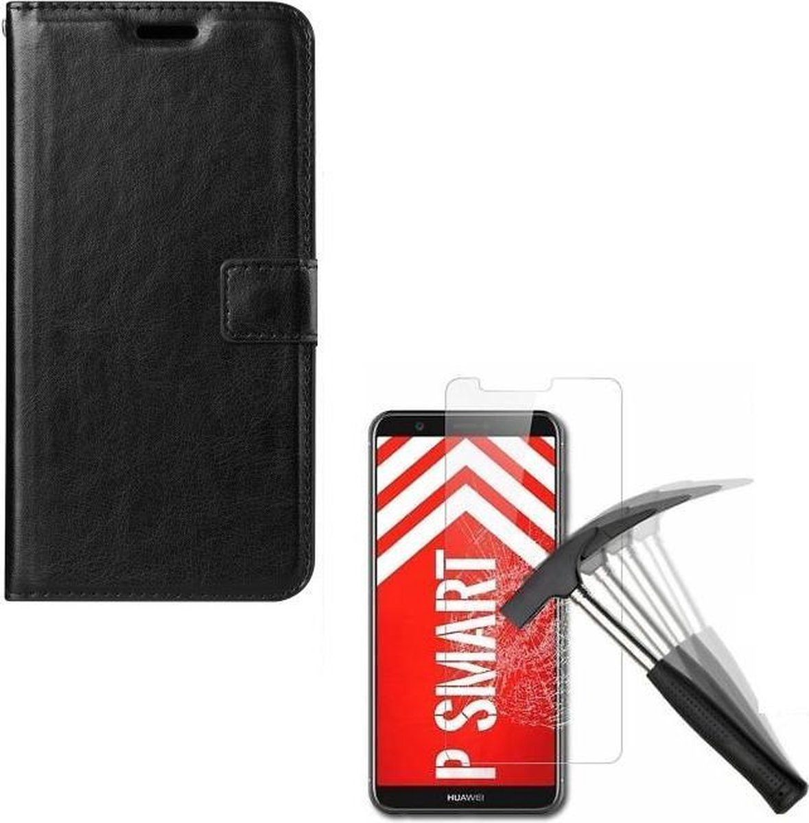 hoesje Geschikt voor: Huawei P Smart 2018 Portemonnee zwart met 2 stuks Glas Screen protector