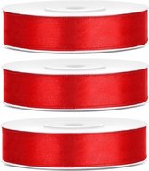 3x Hobby/decoratie rode satijnen sierlinten 1,2 cm/12 mm x 25 meter - Cadeaulinten satijnlinten/ribbons - Rode linten - Hobbymateriaal benodigdheden - Verpakkingsmaterialen