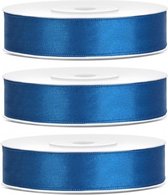 3x Hobby/decoratie kobaltblauwe satijnen sierlinten 1,2 cm/12 mm x 25 meter - Cadeaulinten satijnlinten/ribbons - Kobaltblauwe linten - Hobbymateriaal benodigdheden - Verpakkingsmaterialen