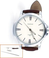 Horloge mannen YAZOLE luxe bruin met witte wijzerplaat + extra batterij