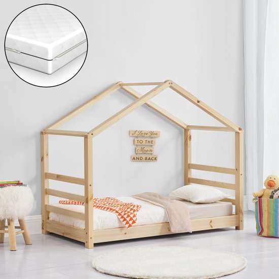 Lit d'enfant lit de maison en pin avec matelas 80x160 cm bois