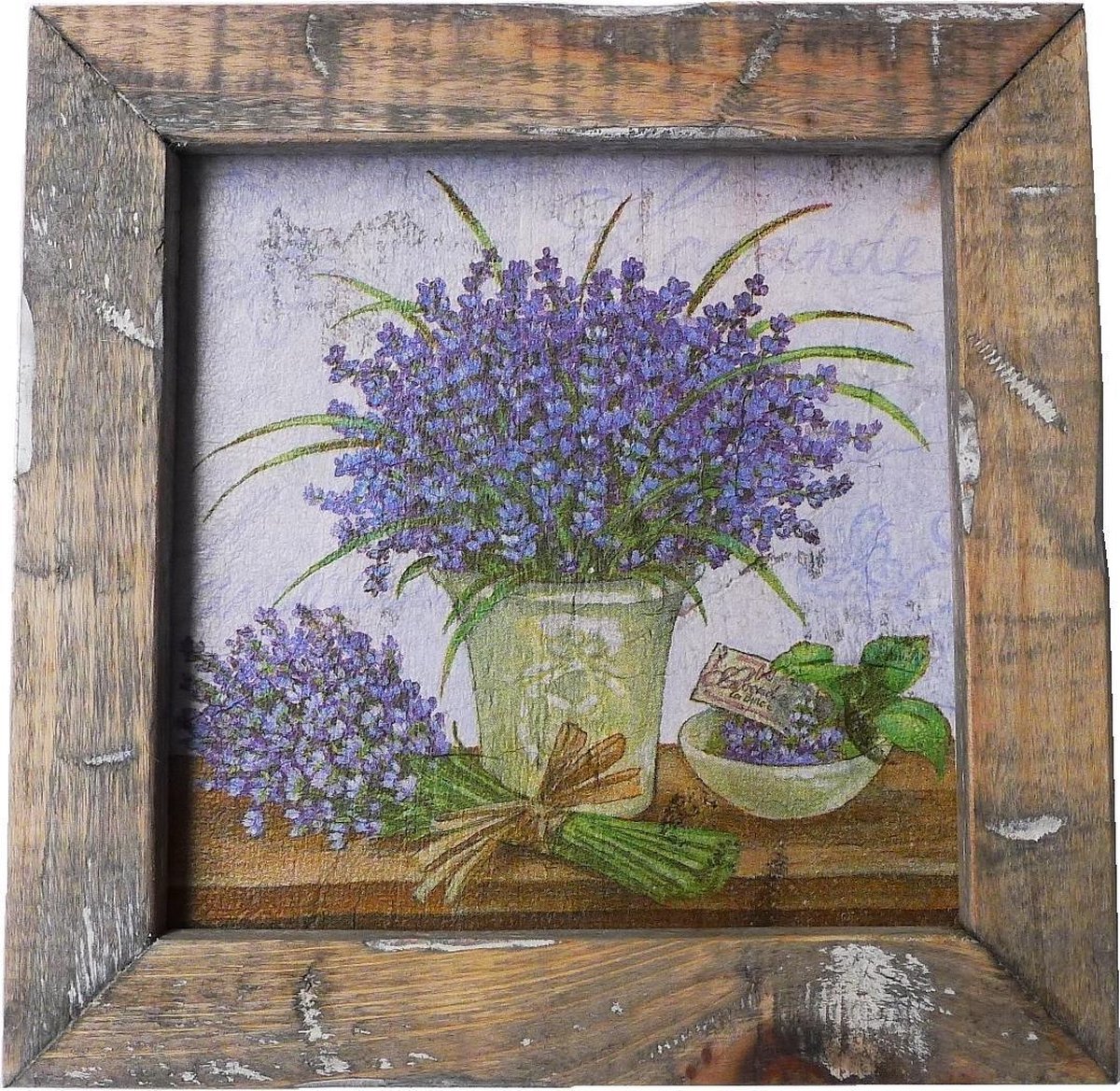 Houten wandtegel met Lavendelafbeelding in een houten lijst. 22 x 22 x 3.5 cm