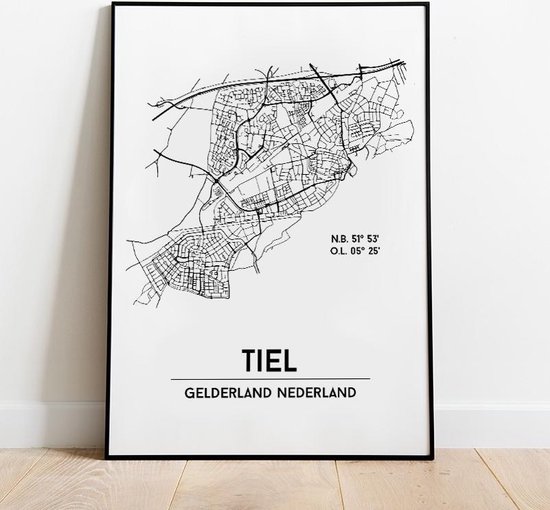 Tiel city poster, A3 (30x40 cm) met lijst, plattegrond poster, woonplaatsposter, woonposter