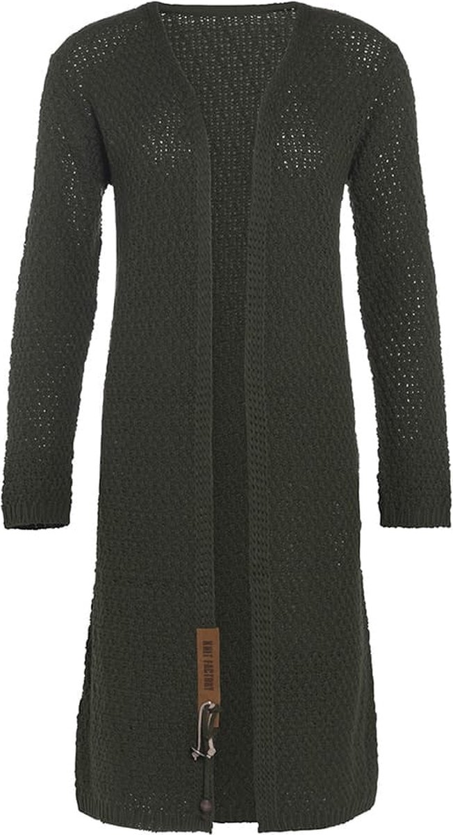 Knit Factory Luna Lang Gebreid Vest Khaki - Gebreide dames cardigan - Lang vest tot over de knie - Groen damesvest gemaakt uit 30% wol en 70% acryl - 40/42