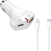 Durata DR-C16 QC 3.0+PD Autolader Snellader + USB-C naar Lightning kabel - Power Delivery oplader - voor iPhone 12 / 12 PRO 11 / Pro / Max / X / Xs/ XR / MAX / 8 / 8 Plus / SE / 2020 / 5S / 5
