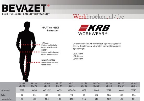 Maattabel voor KRB werkbroeken: illustratie van een silhouet met meetpunten voor taille, heup en binnenbeenlengte, met afmetingen in cm en inch per maat.