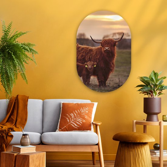 Wall Oval - Décoration murale en plastique - Peinture ovale - Highlander écossais - Animaux - Paysage - Coucher de soleil - 60x90 cm - Forme miroir ovale sur plastique