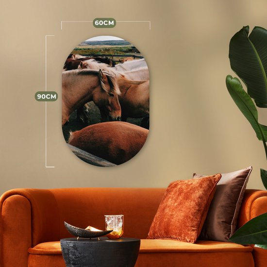 Ovale Mural - Décoration murale Plastique - Peinture Ovale - Paarden - Animaux - Sauvages - 60x90 cm - Forme Miroir Ovale sur Plastique